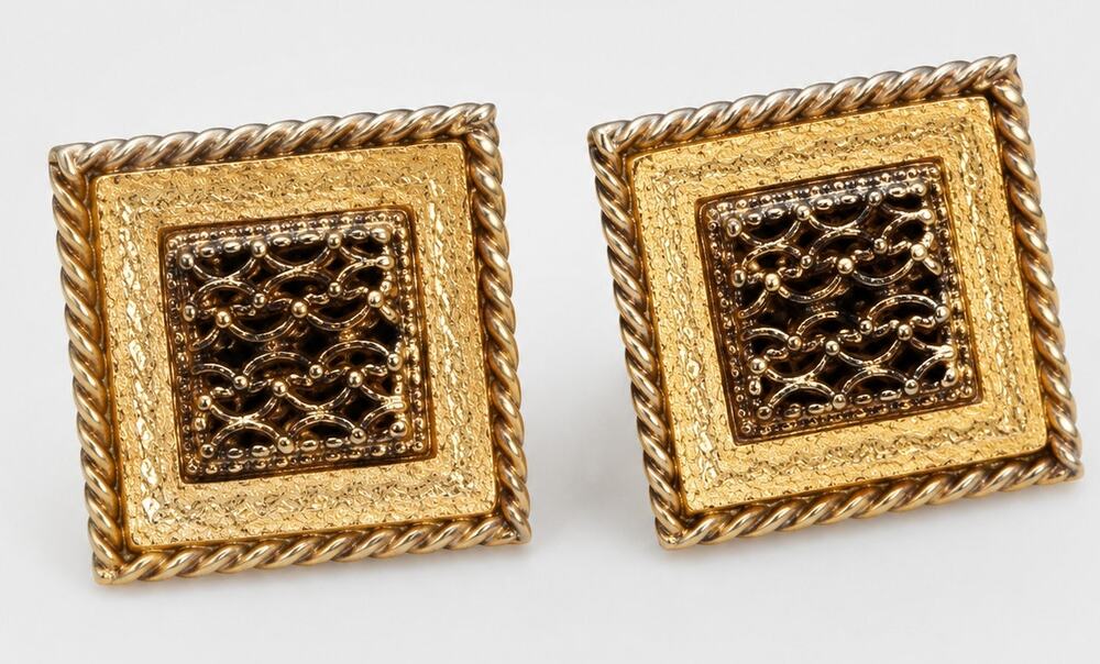 Vintage Gold Clip-on Earrings Textured Ornate Square Etruscan Style‎ 7/8"